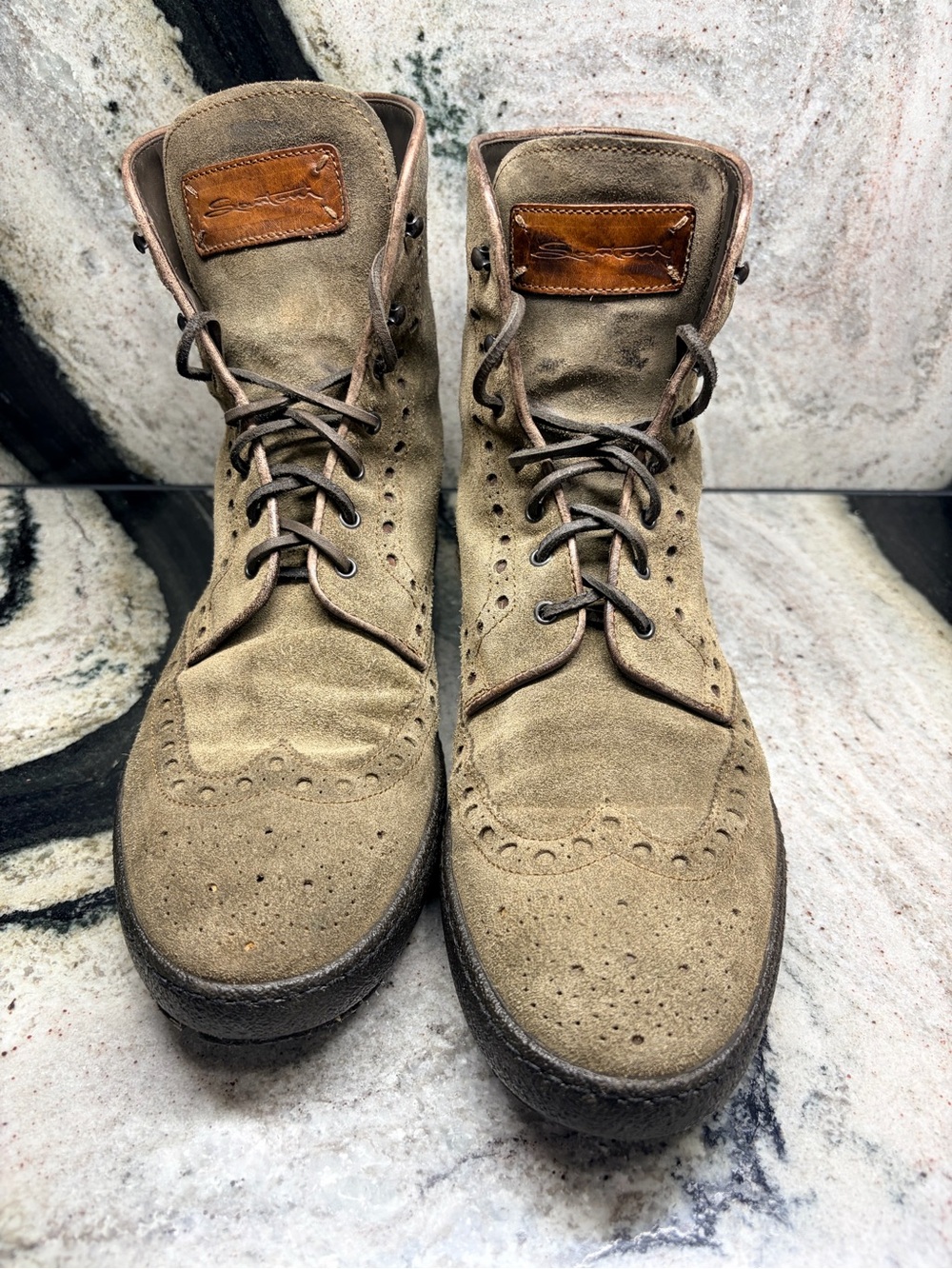 Santoni Olive Suede Wingtip Brogue Boots UK 9 D US 10 Made in Italy